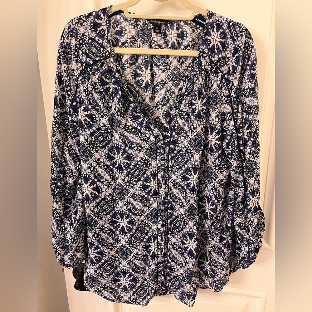 Lucky brand boho navy and white blouse